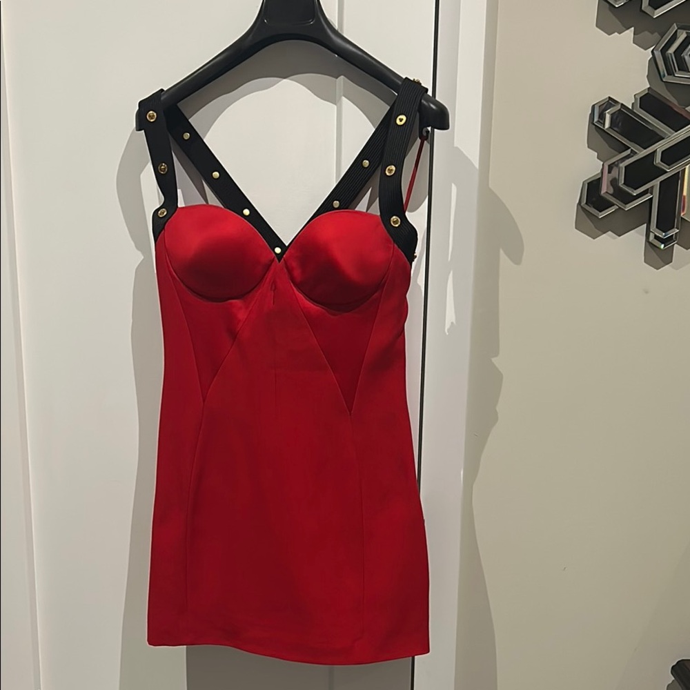 Versace Embellished Cross Strap Midi Red Dress